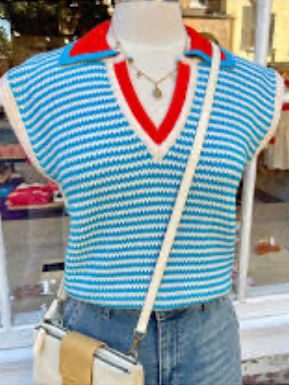 THML Striped Knit V-Neck Sleeveless Sweater Vest -Blue/White w/Orange Trim XL